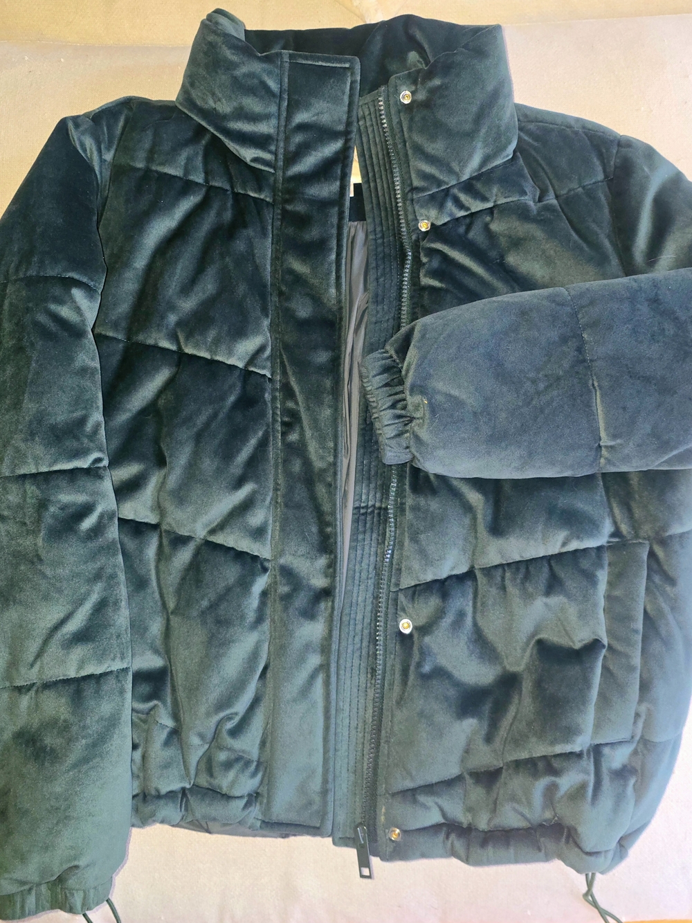 Velvet Puffer Jacket in Deep Forest Green